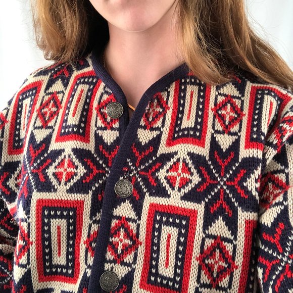 Vintage Norvyk Fair Isle Nordic Knit 100% Pure Wool Oversized Cardigan Sweater - Picture 6 of 15